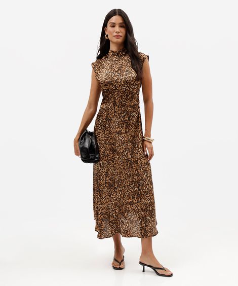 vestido midi feminino gola alta animal print acetinado marrom