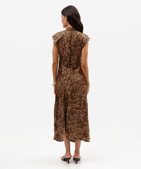 vestido midi feminino gola alta animal print acetinado marrom