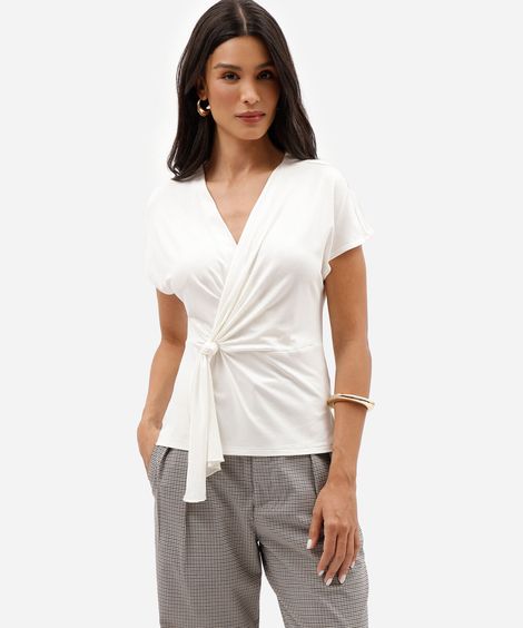 blusa feminina de viscose decote v com transpasse manga curta off white