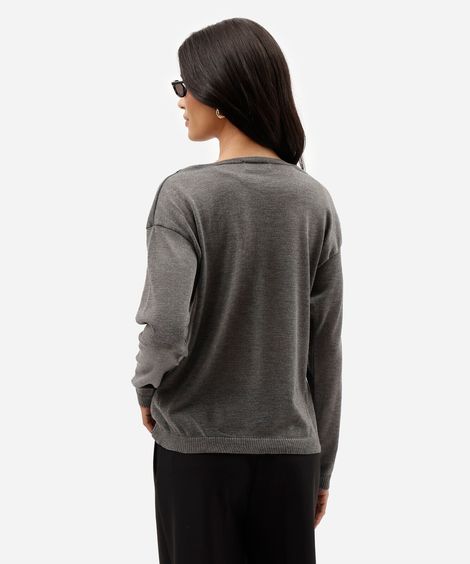 suéter feminino de tricot decote v com renda cinza