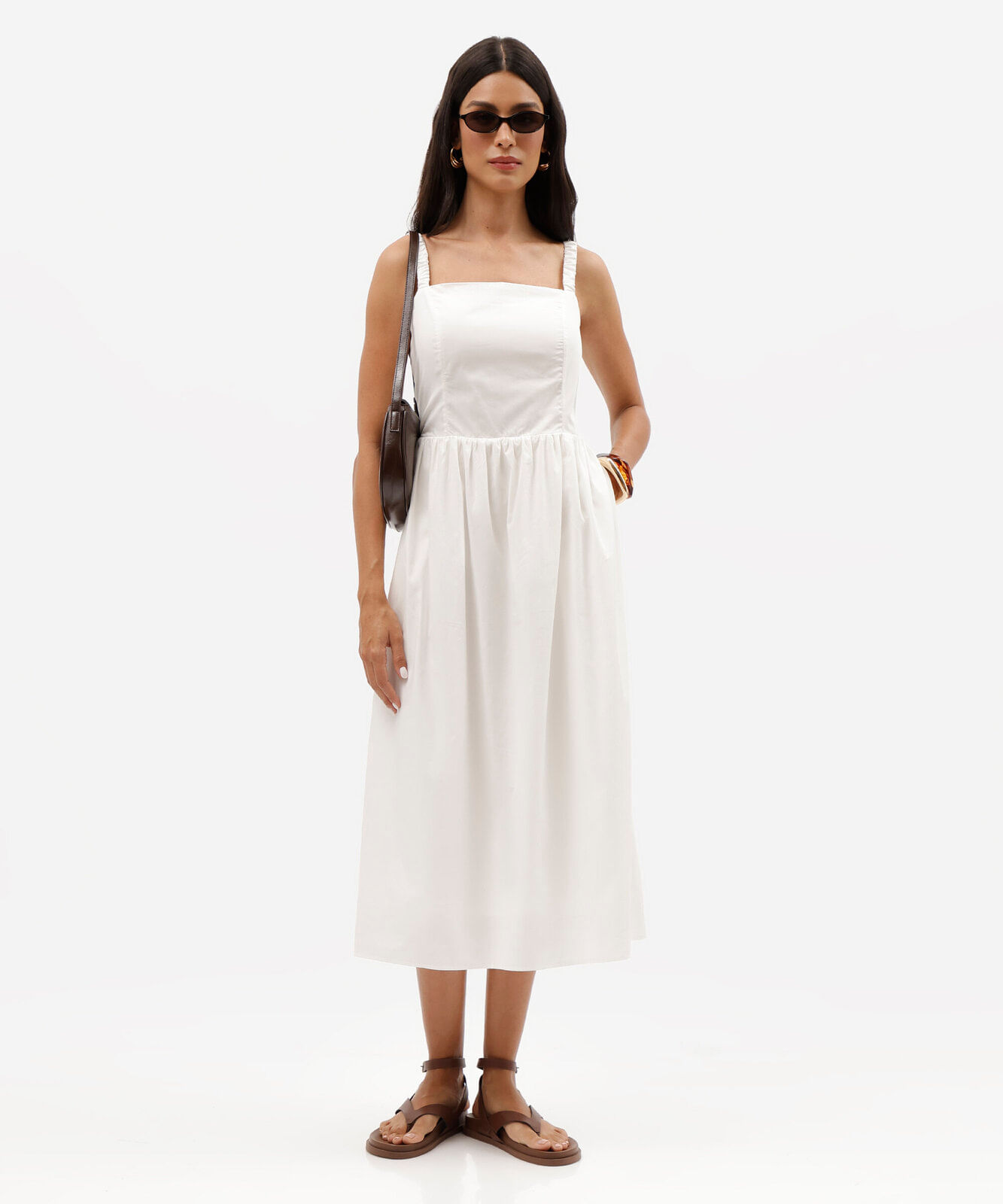 vestido midi feminino de algodão alça franzida off white