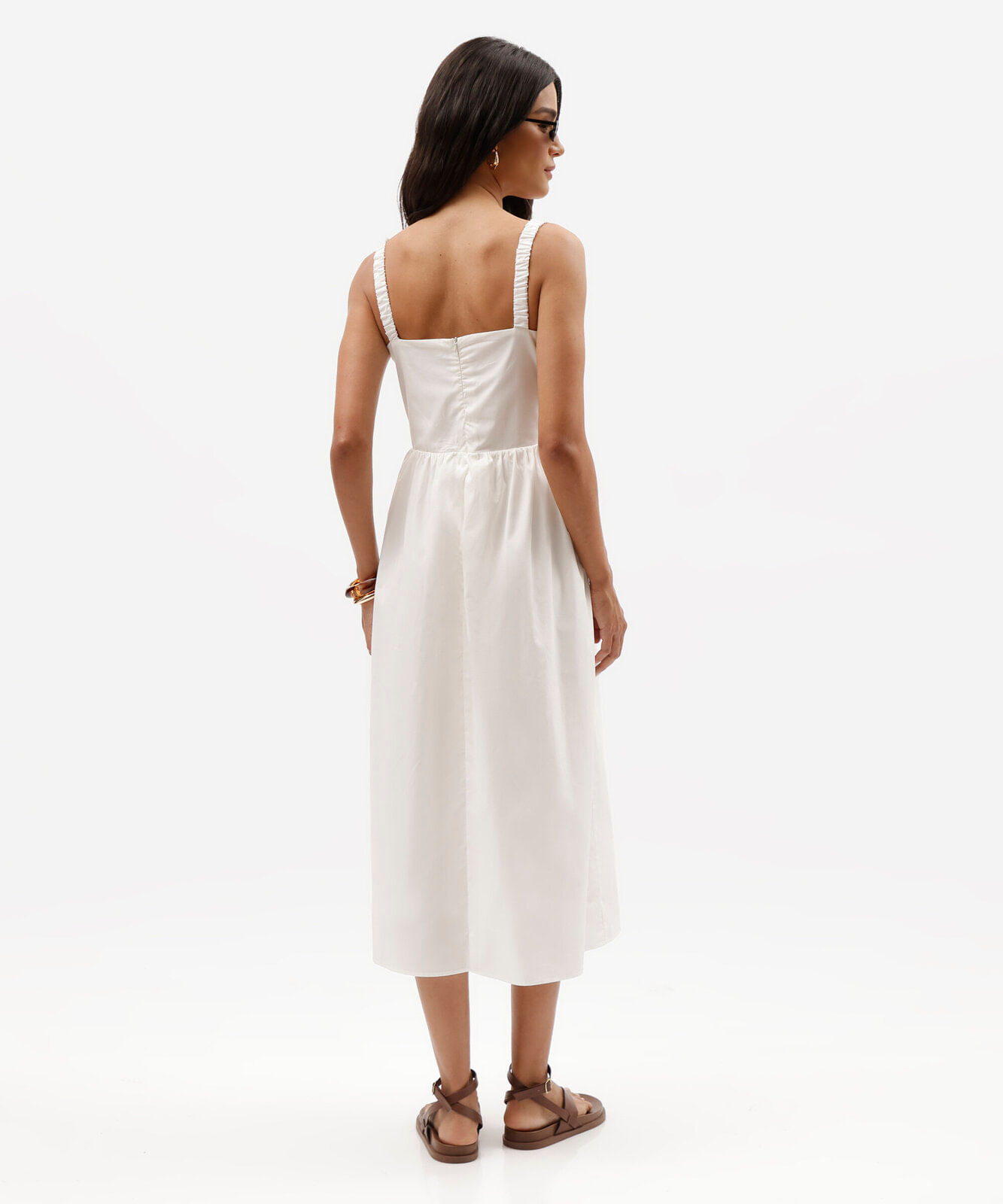 vestido midi feminino de algodão alça franzida off white