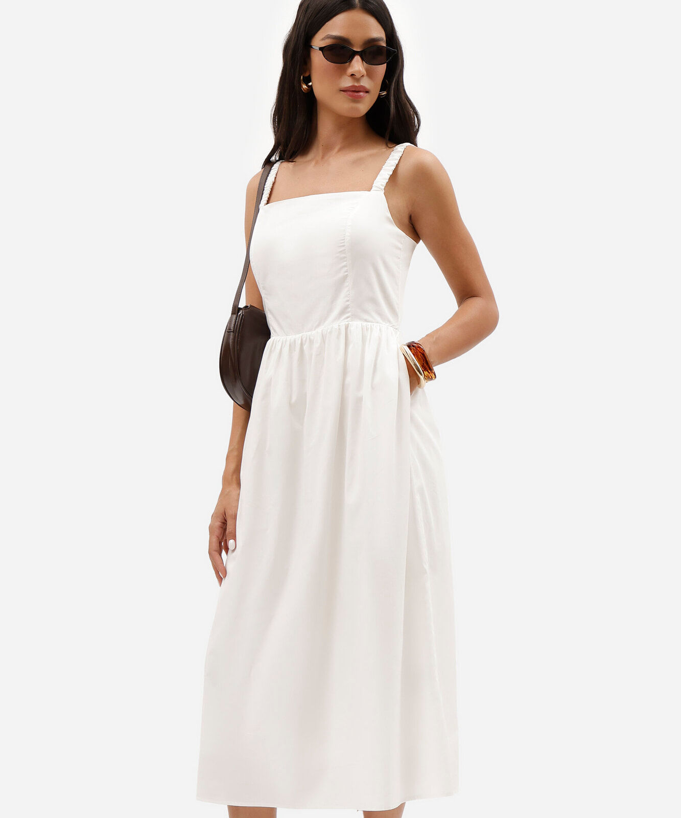 vestido midi feminino de algodão alça franzida off white