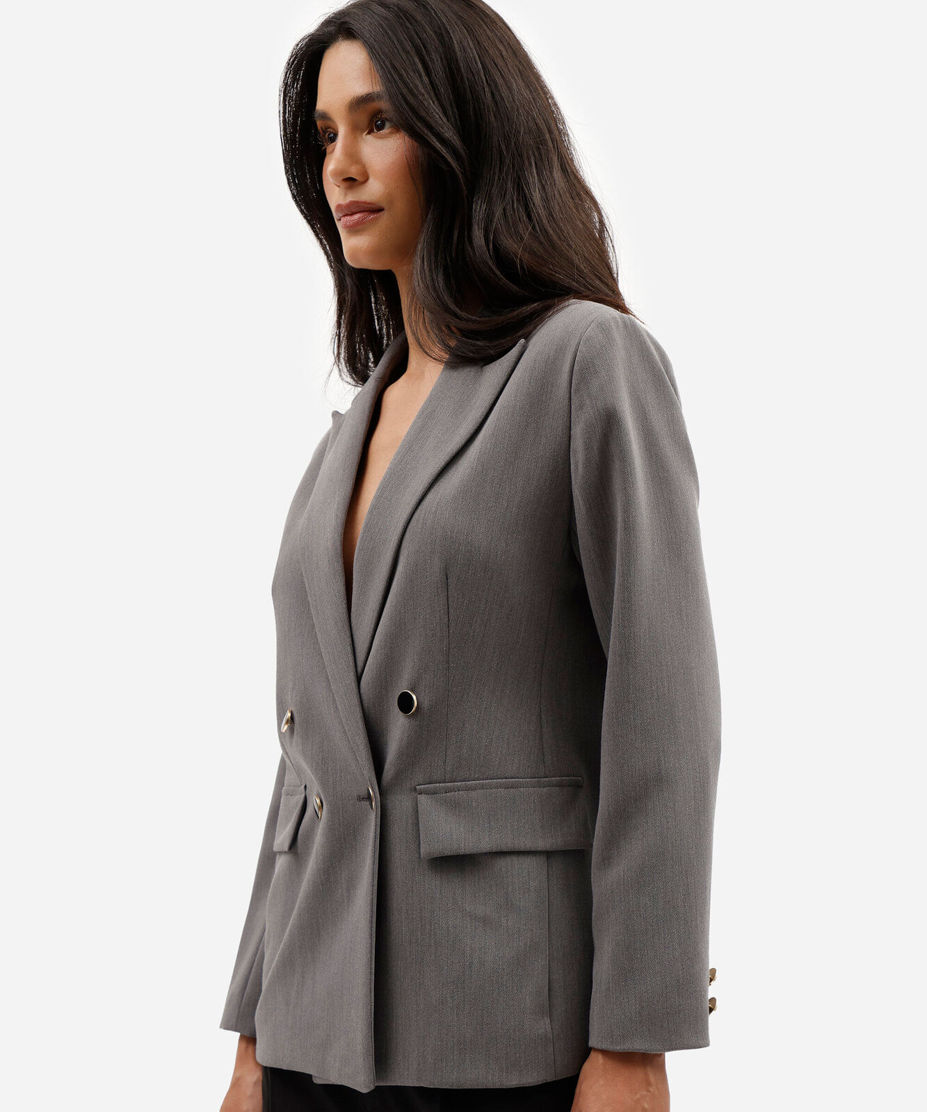 blazer de alfaiataria feminino botões dourados cinza