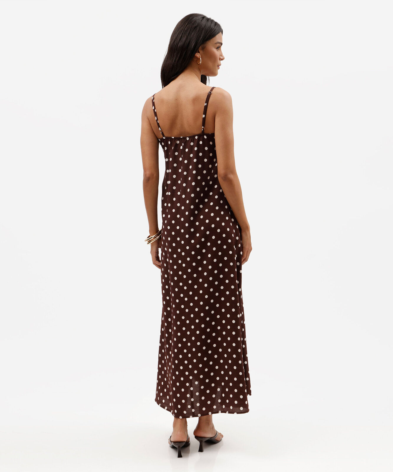 vestido longo alça fina feminino com viscose poá marrom