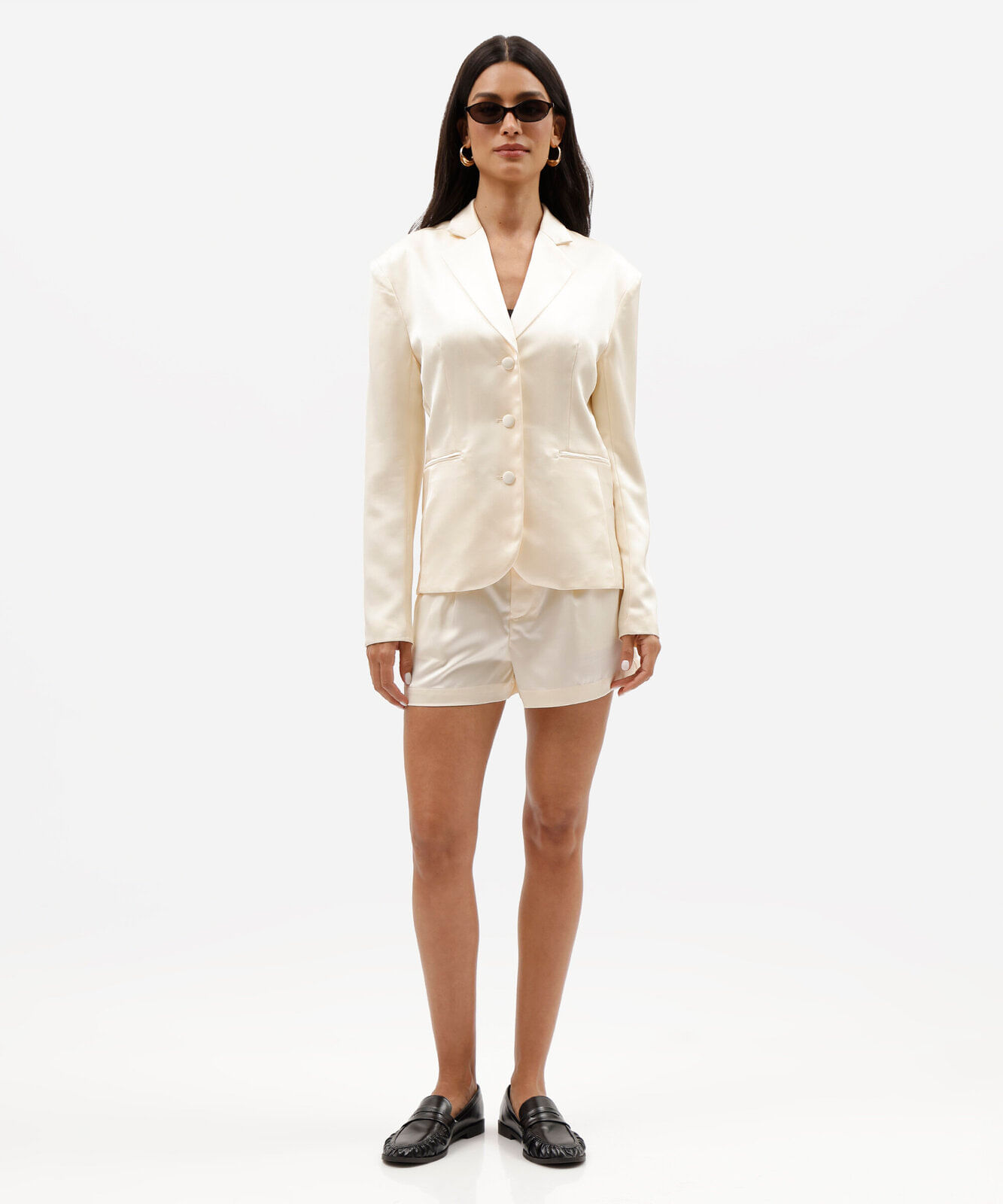 blazer de alfaiataria feminino com ombreiras acetinado amarelo