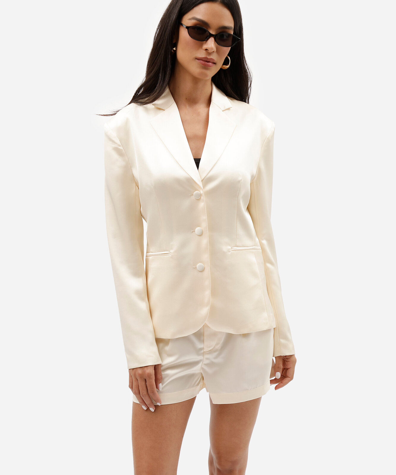 blazer de alfaiataria feminino com ombreiras acetinado amarelo