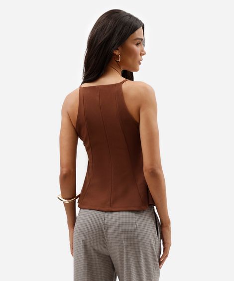 regata peplum alça fina feminina com recortes marrom