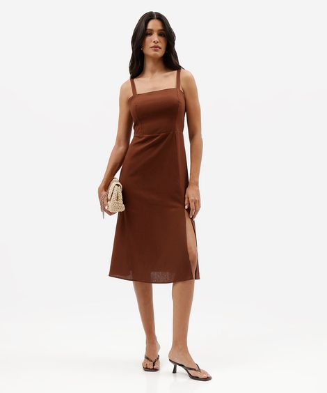 vestido midi com linho decote quadrado marrom