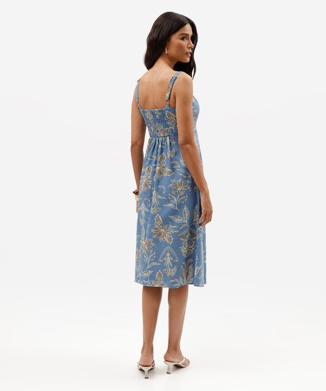 vestido midi feminino com linho e fenda floral azul