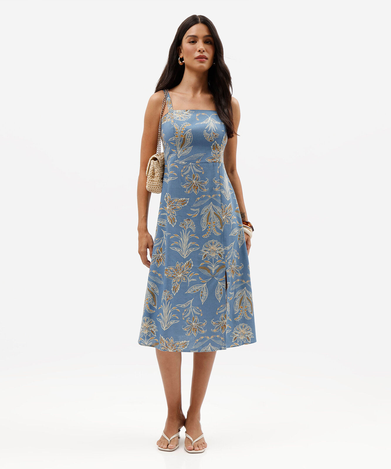 vestido midi feminino com linho e fenda floral azul