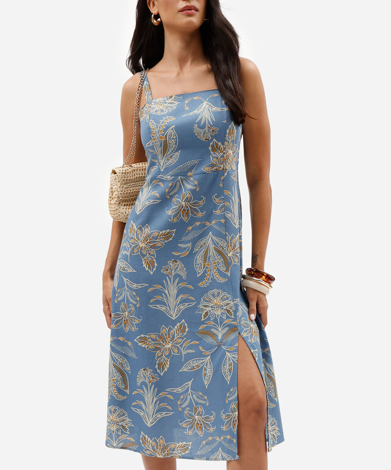 vestido midi feminino com linho e fenda floral azul