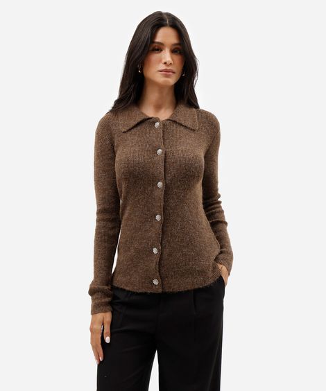 cardigan feminino de tricot com lã marrom