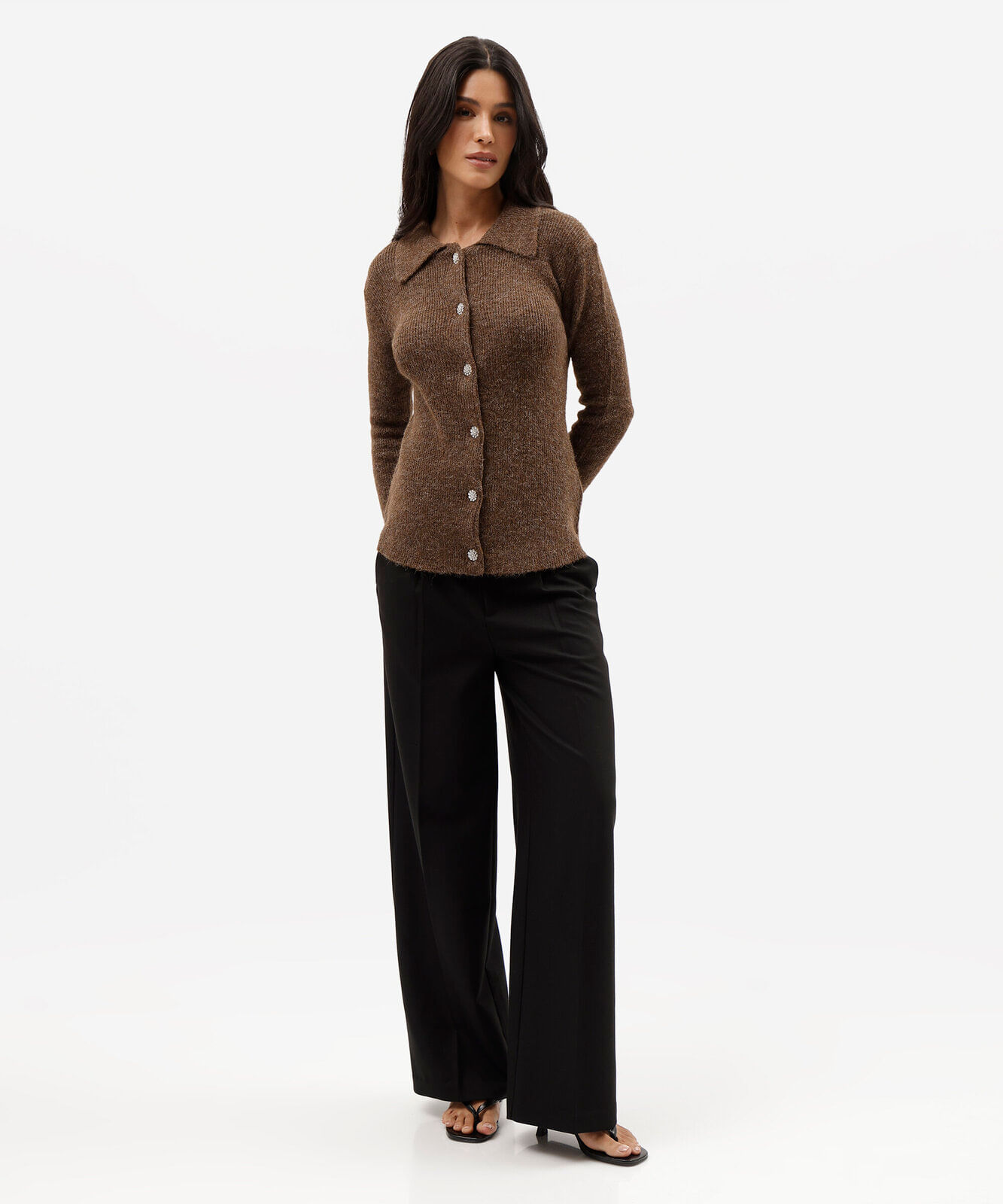 cardigan feminino de tricot com lã marrom