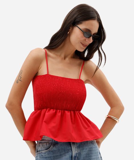top feminino de alcinha em tricoline com lastex e babado peplum vermelha