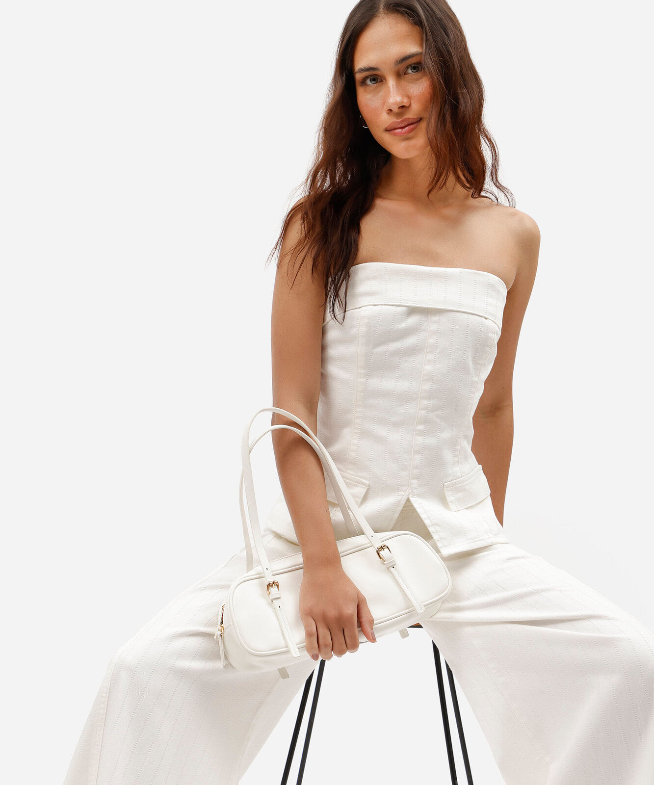 blusa sem alça feminina de sarja texturizada off white