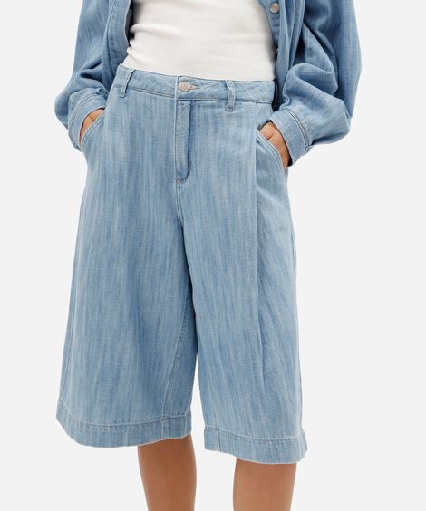 bermuda jorts feminina jeans com pregas cintura média azul