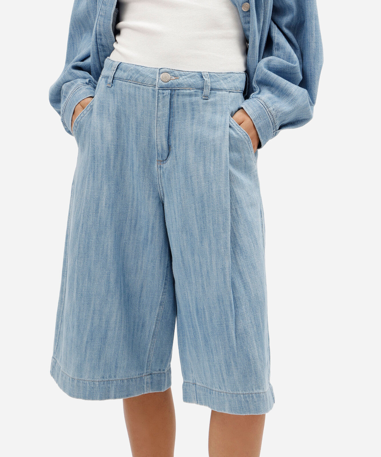bermuda jorts feminina jeans com pregas cintura média azul