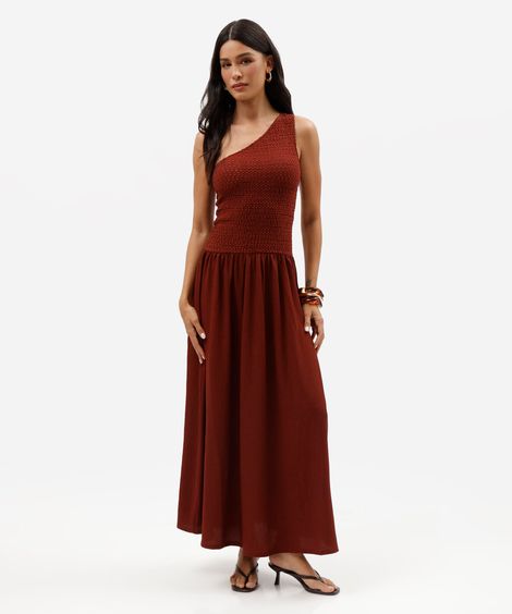 vestido longo feminino ombro único texturizado vinho