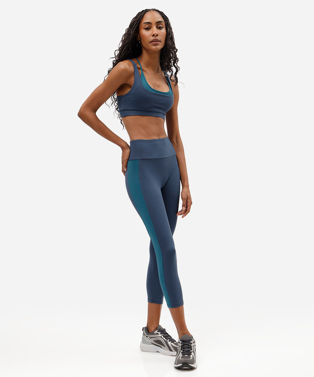 calça legging feminina com recorte bicolor azul
