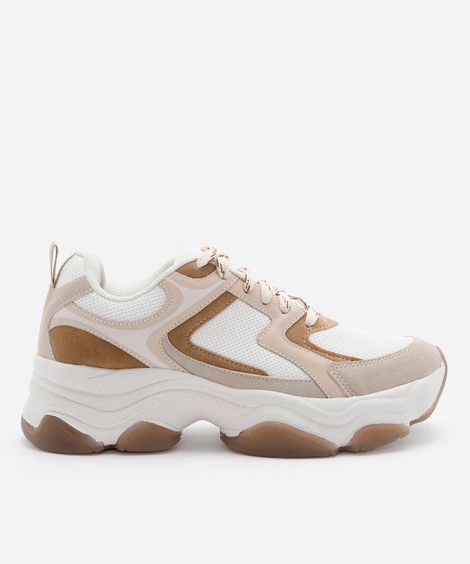 tênis chunky feminino com recortes e solado robusto bege