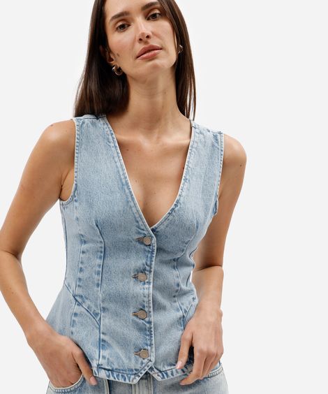 colete feminino jeans decote v com recortes azul