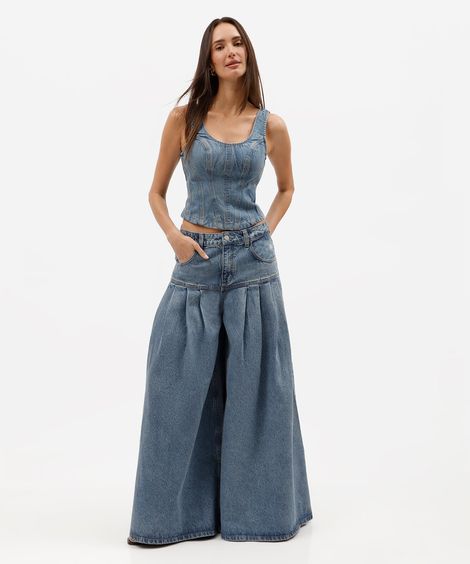 calça maxi pantalona feminina com pregas gustavo silvestre azul