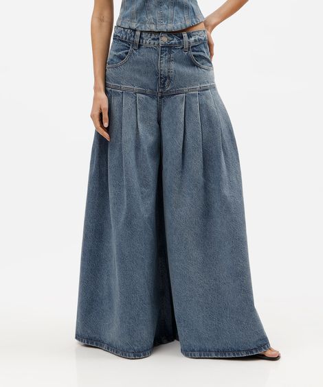 calça maxi pantalona feminina com pregas gustavo silvestre azul