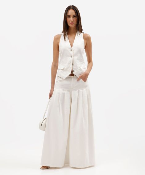 calça maxi pantalona feminina de sarja com pregas gustavo silvestre off white