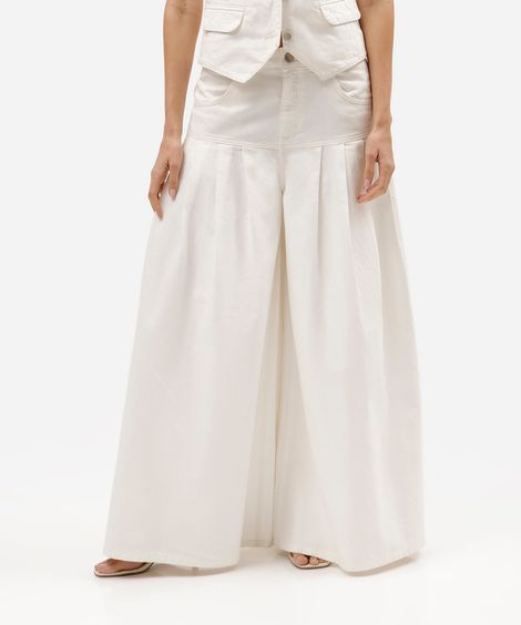 calça maxi pantalona feminina de sarja com pregas gustavo silvestre off white