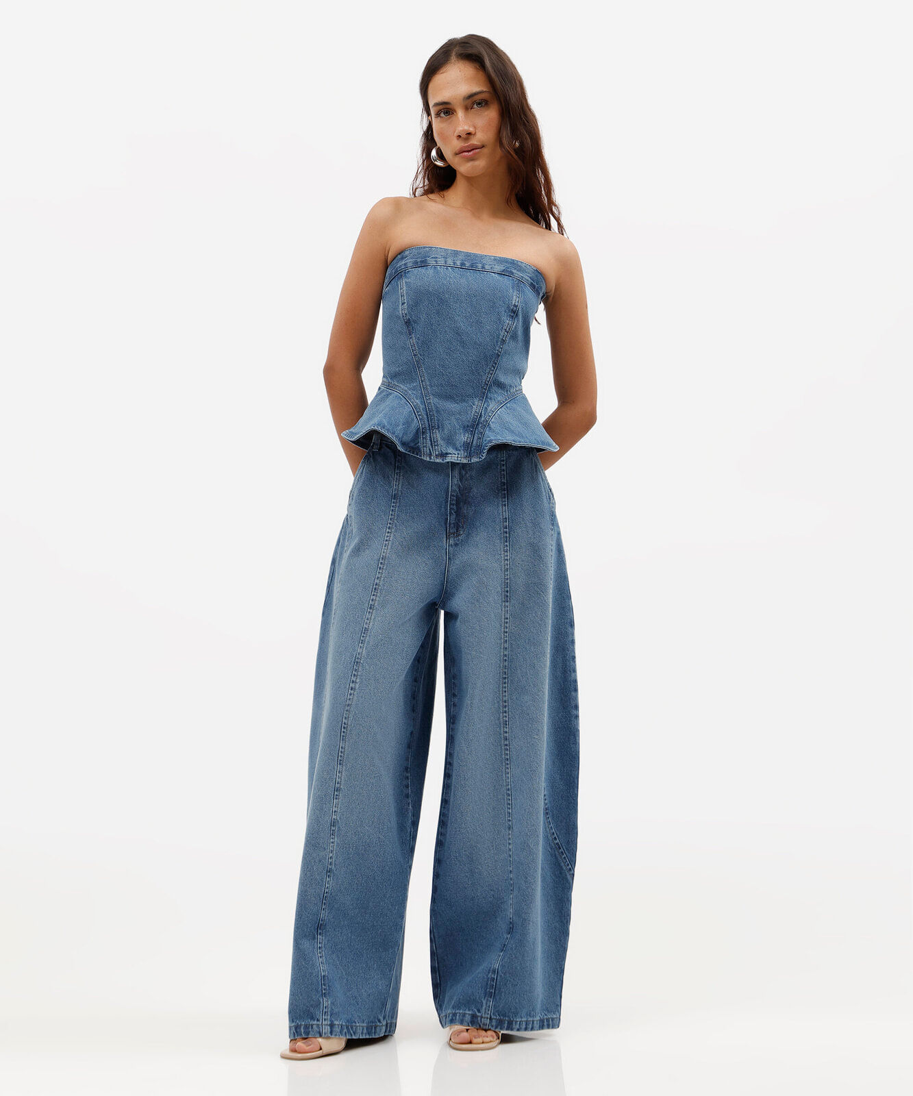 calça balloon feminina jeans com recortes cintura alta azul
