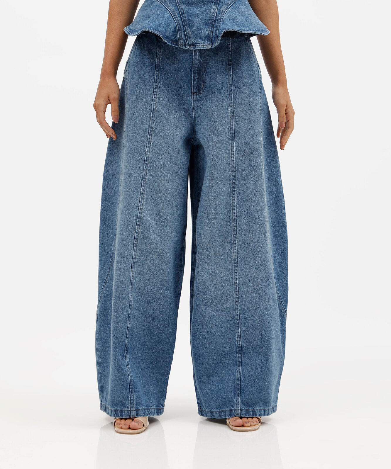 calça balloon feminina jeans com recortes cintura alta azul