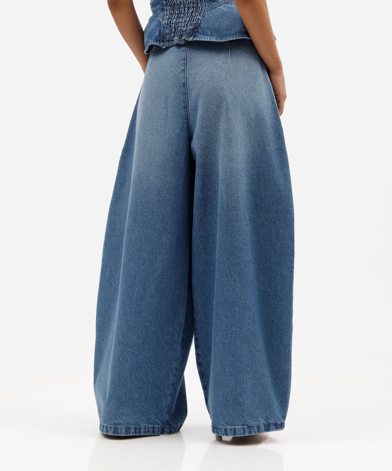 calça balloon feminina jeans com recortes cintura alta azul