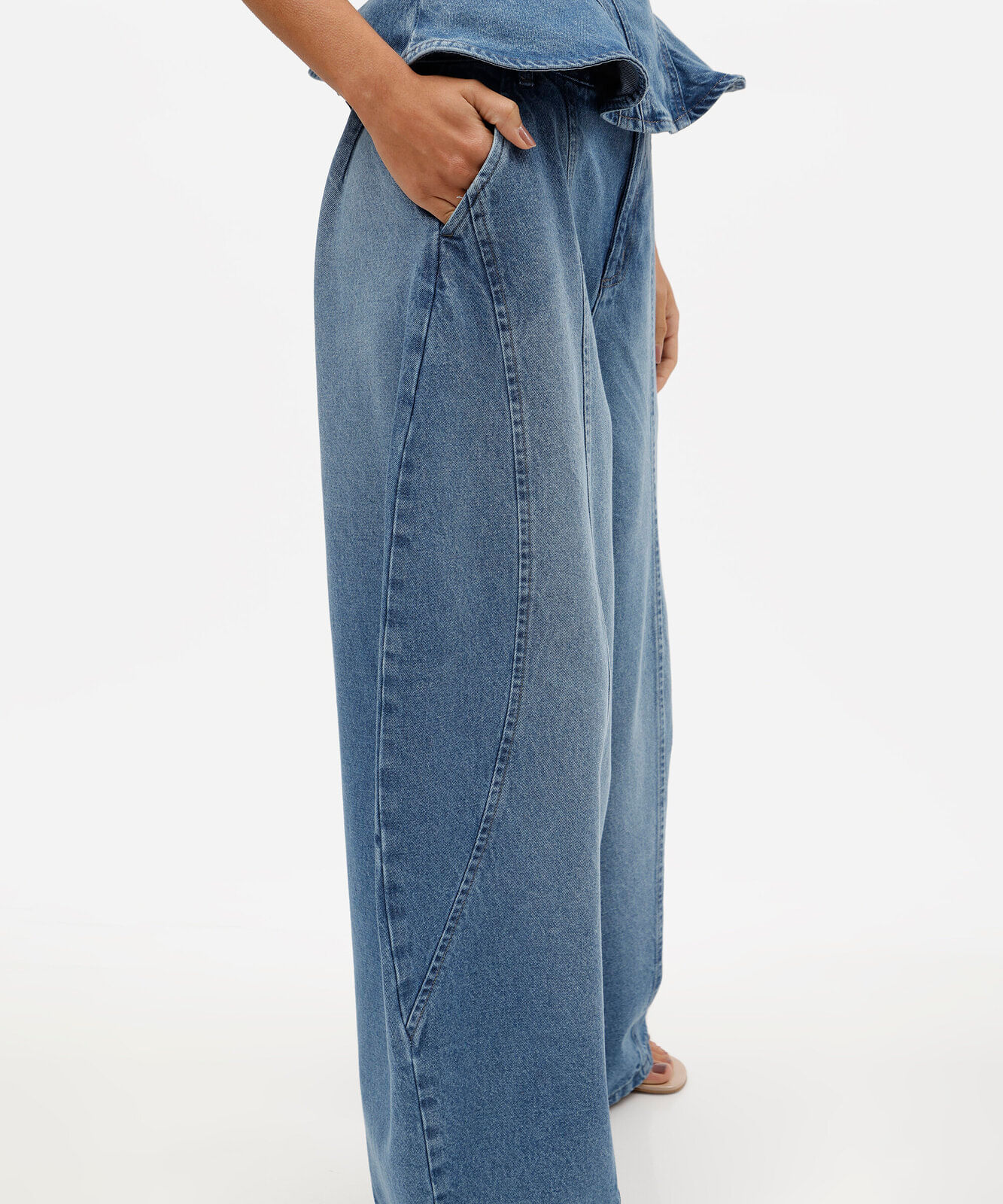 calça balloon feminina jeans com recortes cintura alta azul