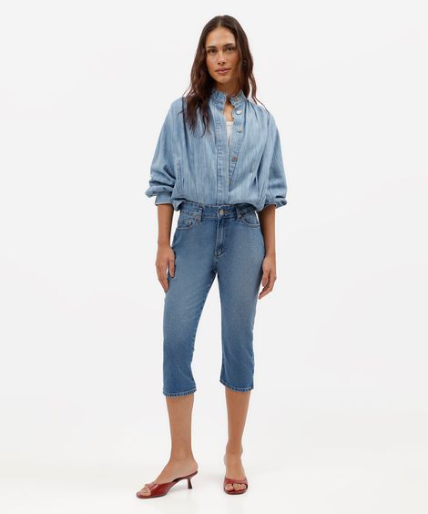 calça capri feminina jeans cintura alta azul