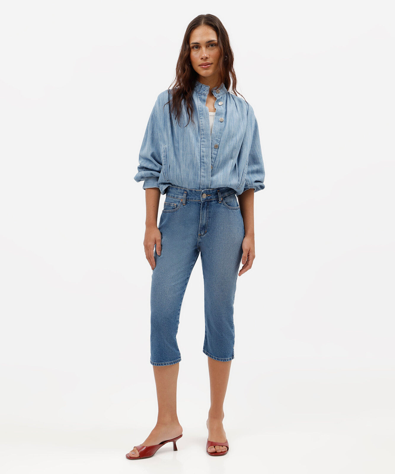 calça capri feminina jeans cintura alta azul