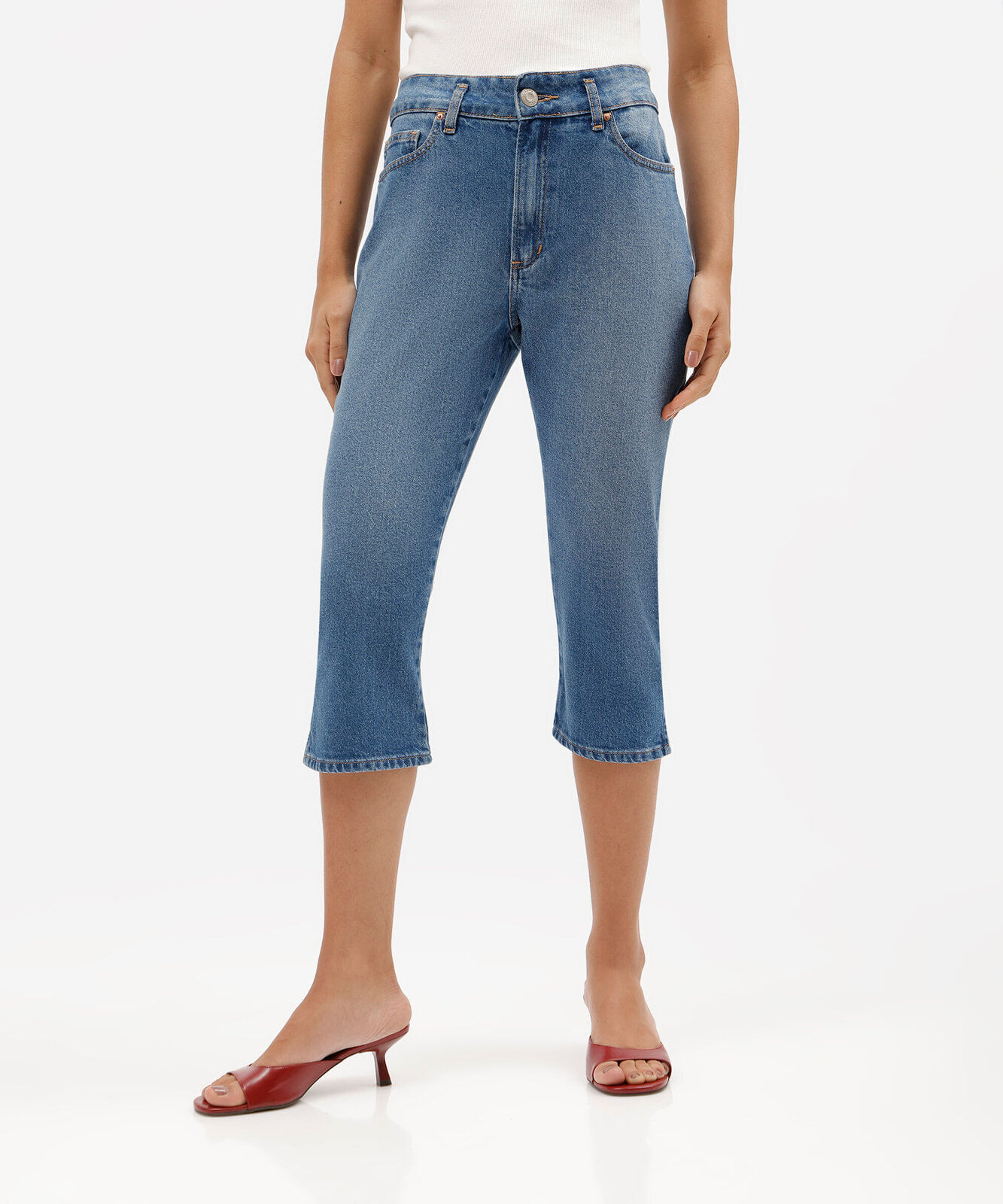 calça capri feminina jeans cintura alta azul
