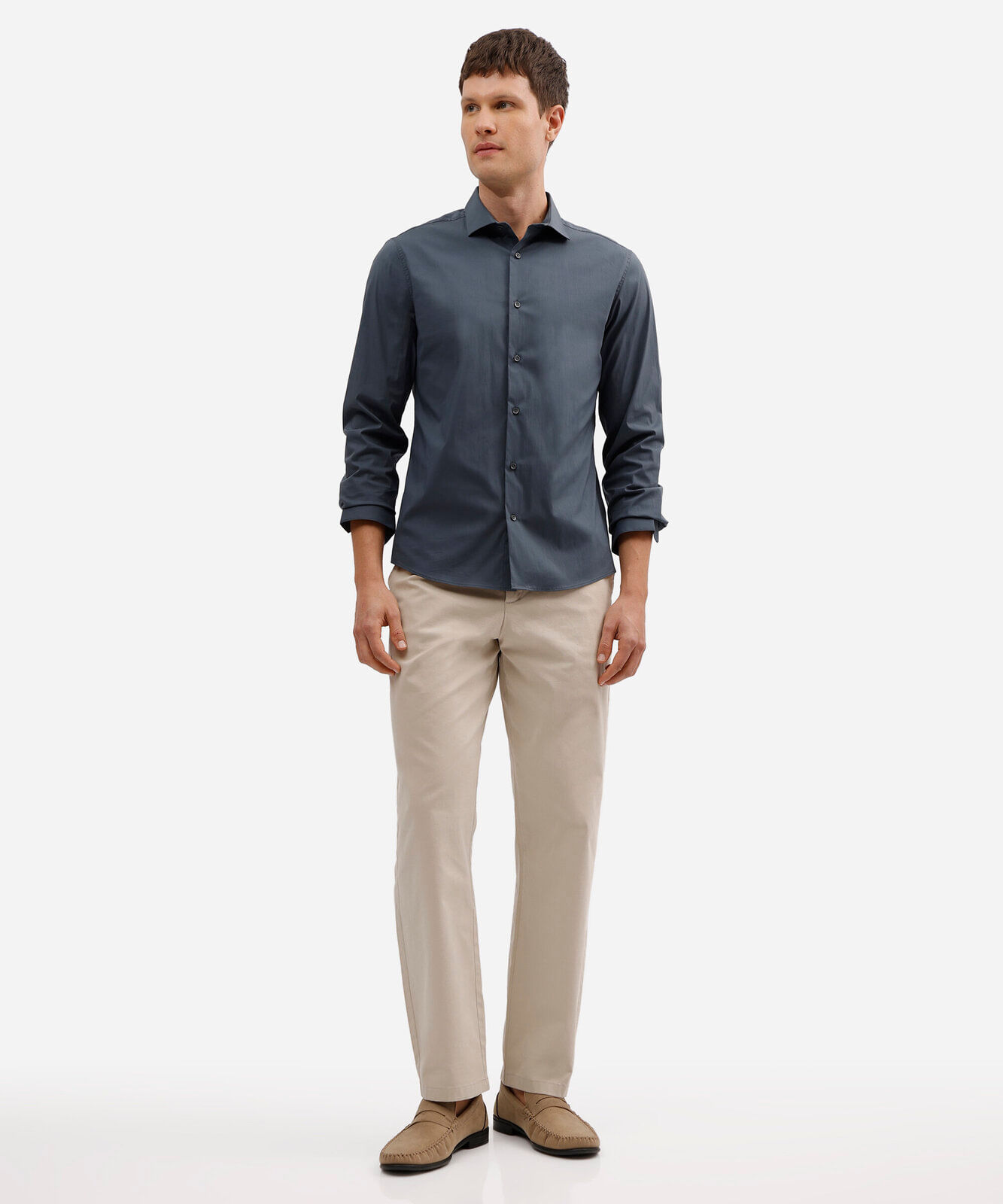 camisa slim fit manga longa com elastano azul