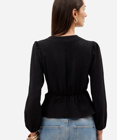 blusa peplum feminina com viscose decote v manga longa texturizada preta