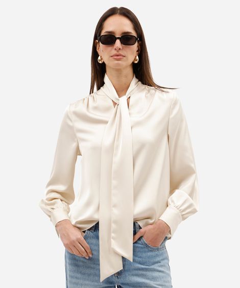 blusa feminina gola laço manga longa acetinada bege