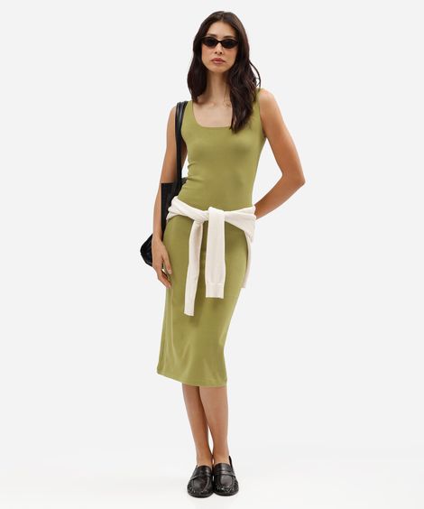 vestido midi feminino de algodão decote quadrado básico verde