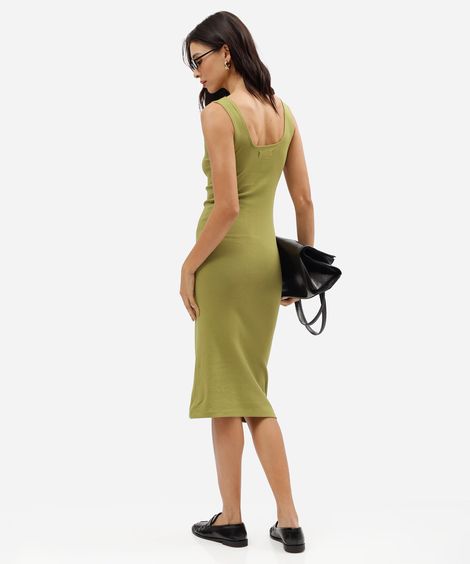 vestido midi feminino de algodão decote quadrado básico verde