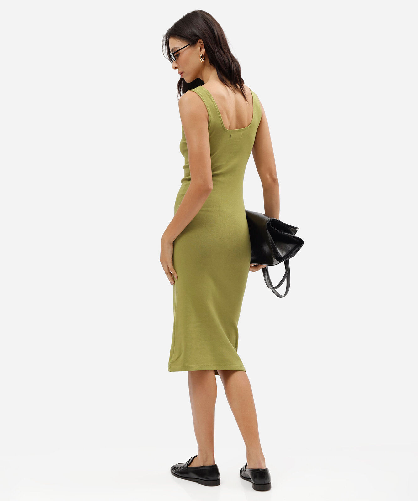 vestido midi feminino de algodão decote quadrado básico verde
