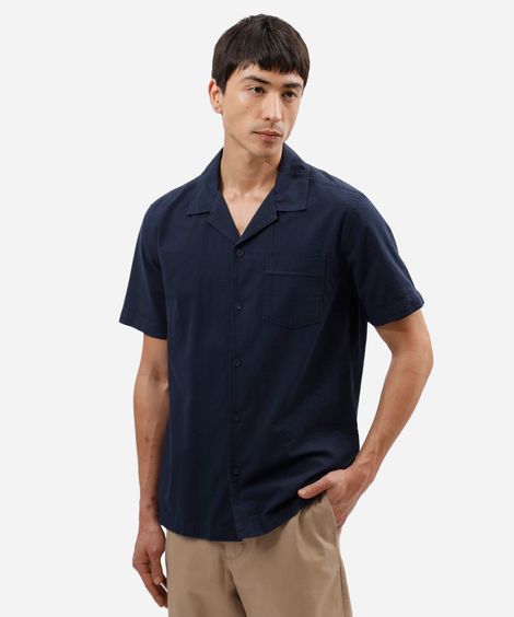 camisa masculina comfort de algodão texturizada manga curta azul