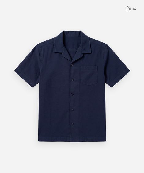 camisa masculina comfort de algodão texturizada manga curta azul