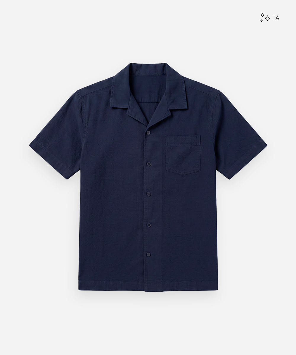 camisa masculina comfort de algodão texturizada manga curta azul