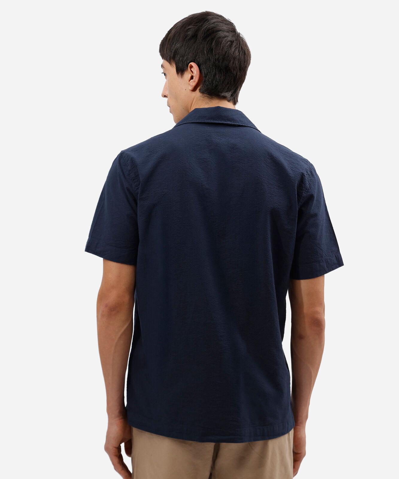 camisa masculina comfort de algodão texturizada manga curta azul