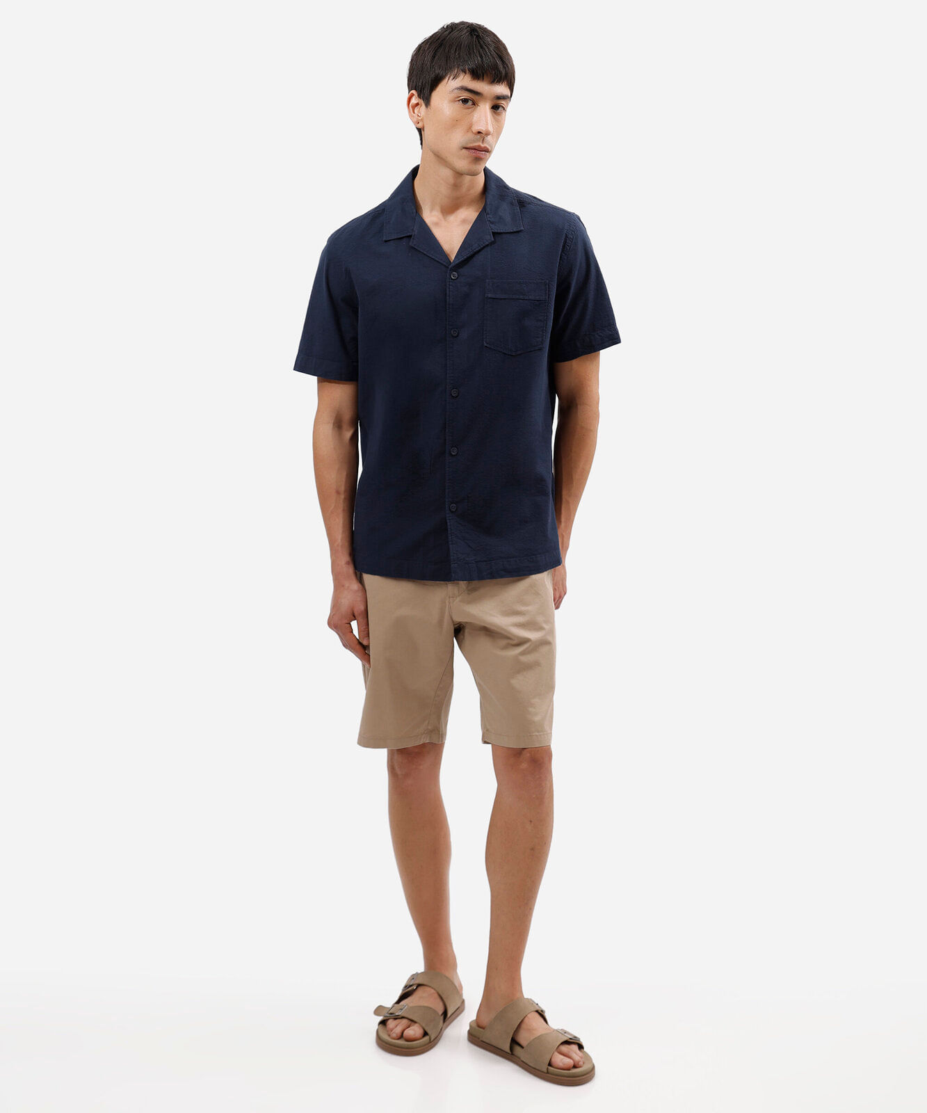 camisa masculina comfort de algodão texturizada manga curta azul