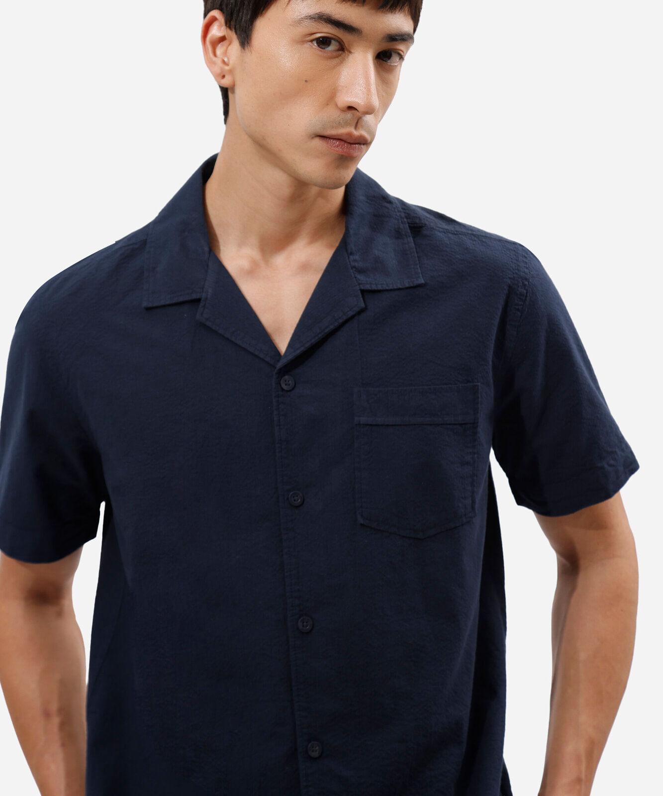 camisa masculina comfort de algodão texturizada manga curta azul