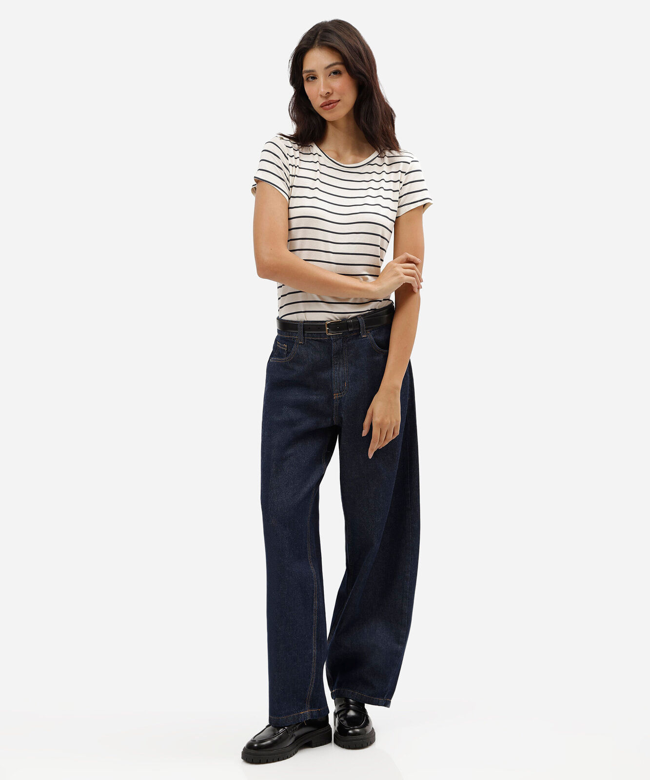 blusa feminina de viscose manga curta listrada azul